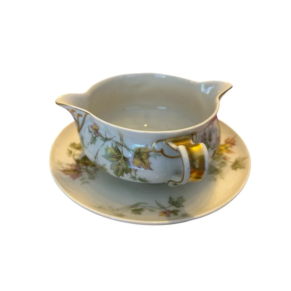 Haviland Limoges Floral Gravy Boat with Gold Trim and Attached Underplate France